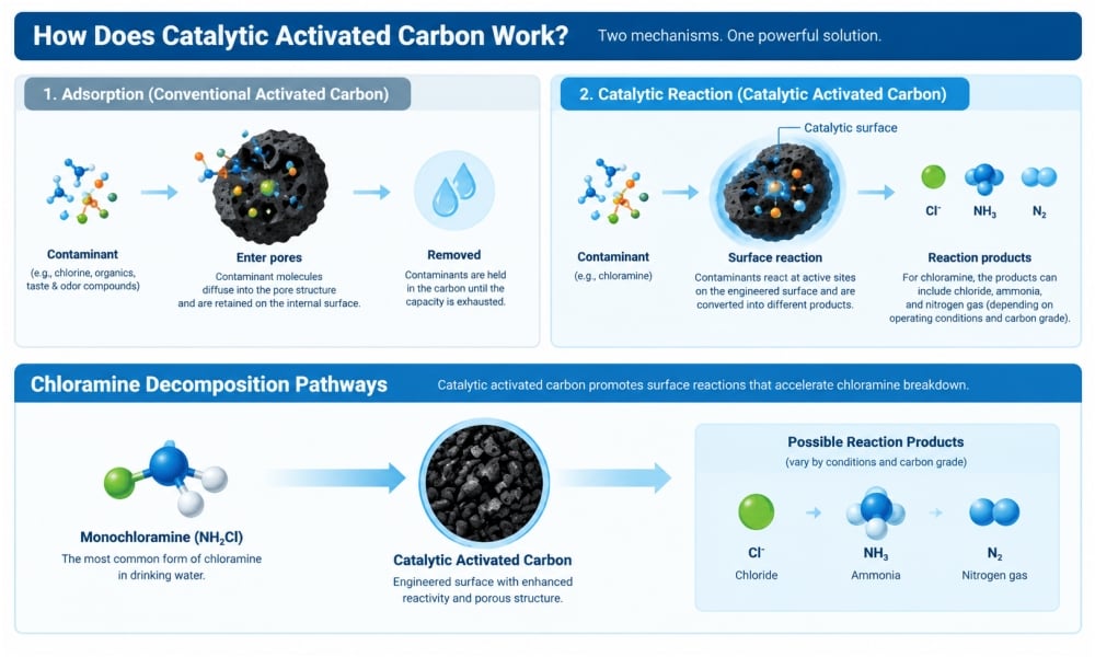 Catalytic activated carbon mechanism: adsorption vs. surface reaction, and chloramine removal pathway