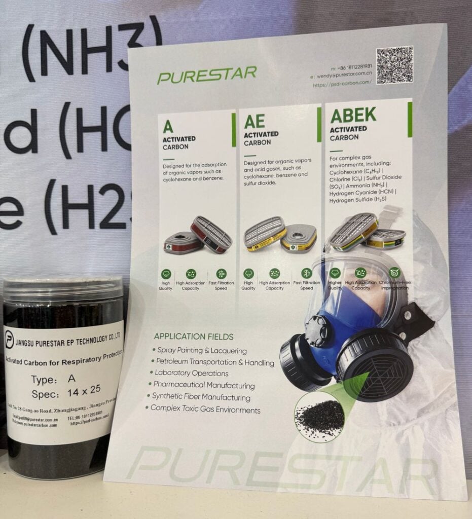 Purestar brochure showing activated carbon grades for respiratory-protection filters